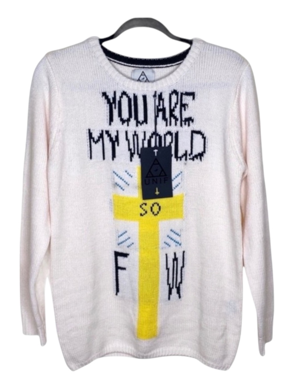 VHTF: new UNIF ♱ You Are My World FTW Sweater ♱ Cozy Intarsia Knit ♱ Ivory Pink - Picture 3 of 16